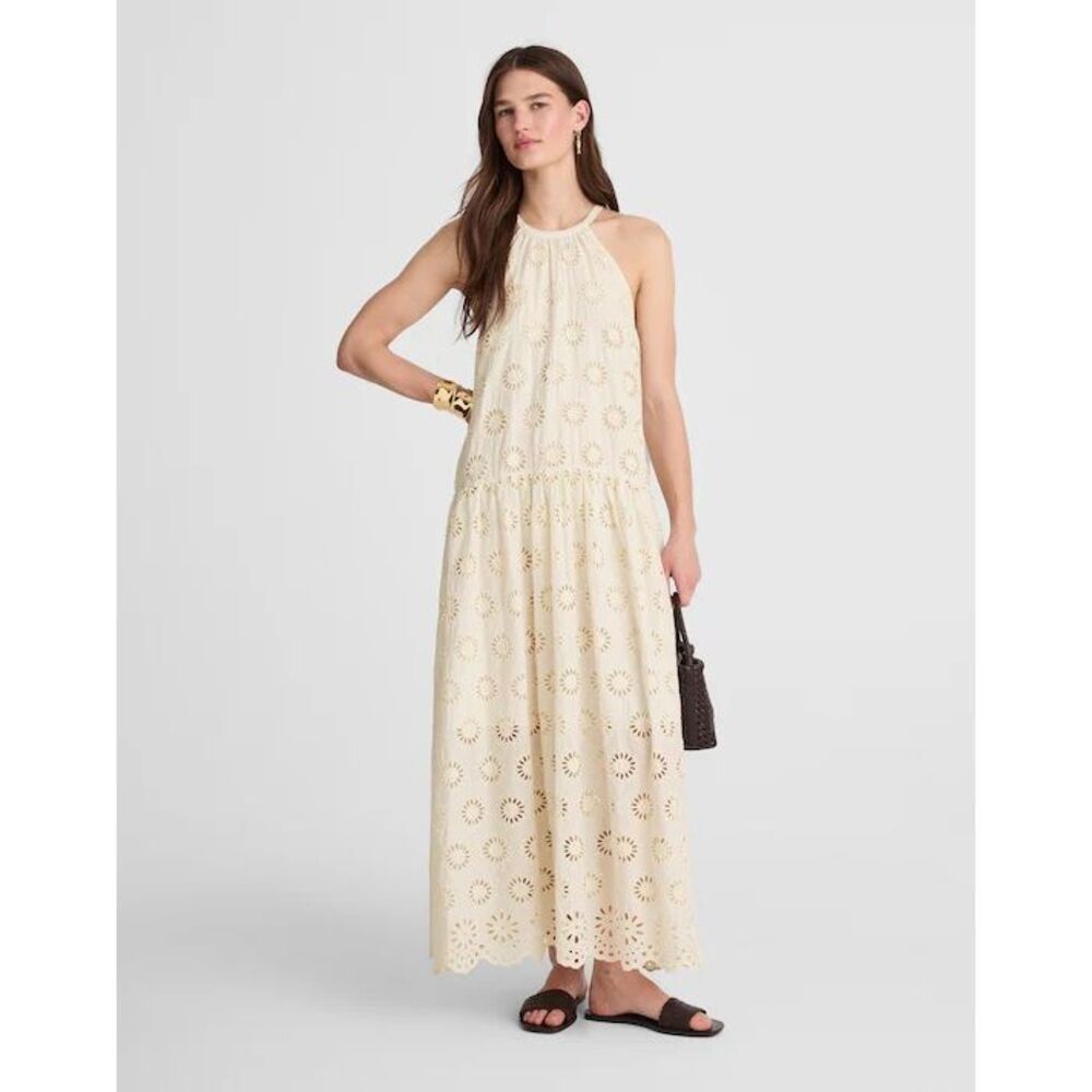 Madewell Embroidered Drop-Waist Maxi Dress Floral Eyelet Cream Size XS NWT NV409